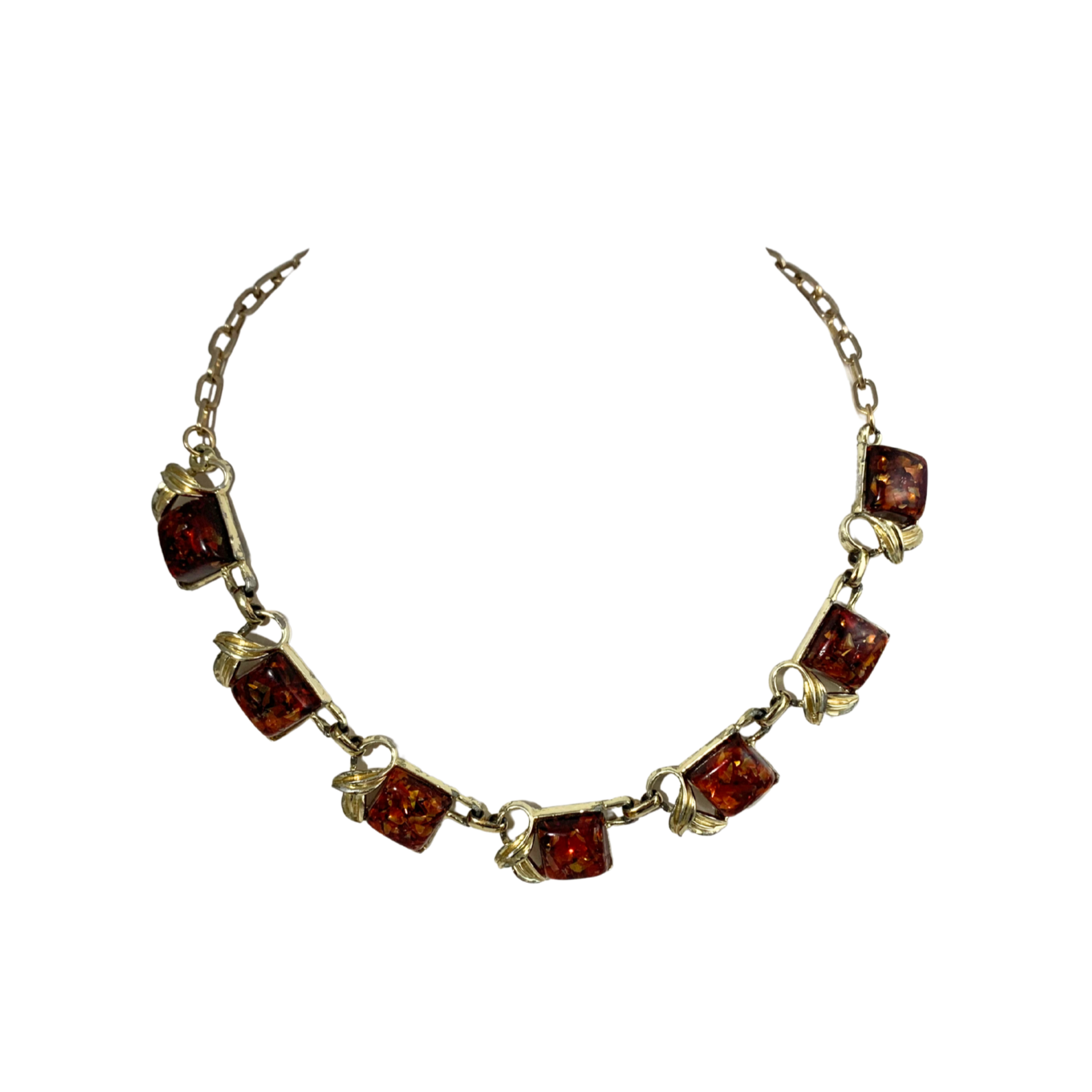 Vintage Coro Confetti Lucite necklace with gold flakes and burnt orange tone