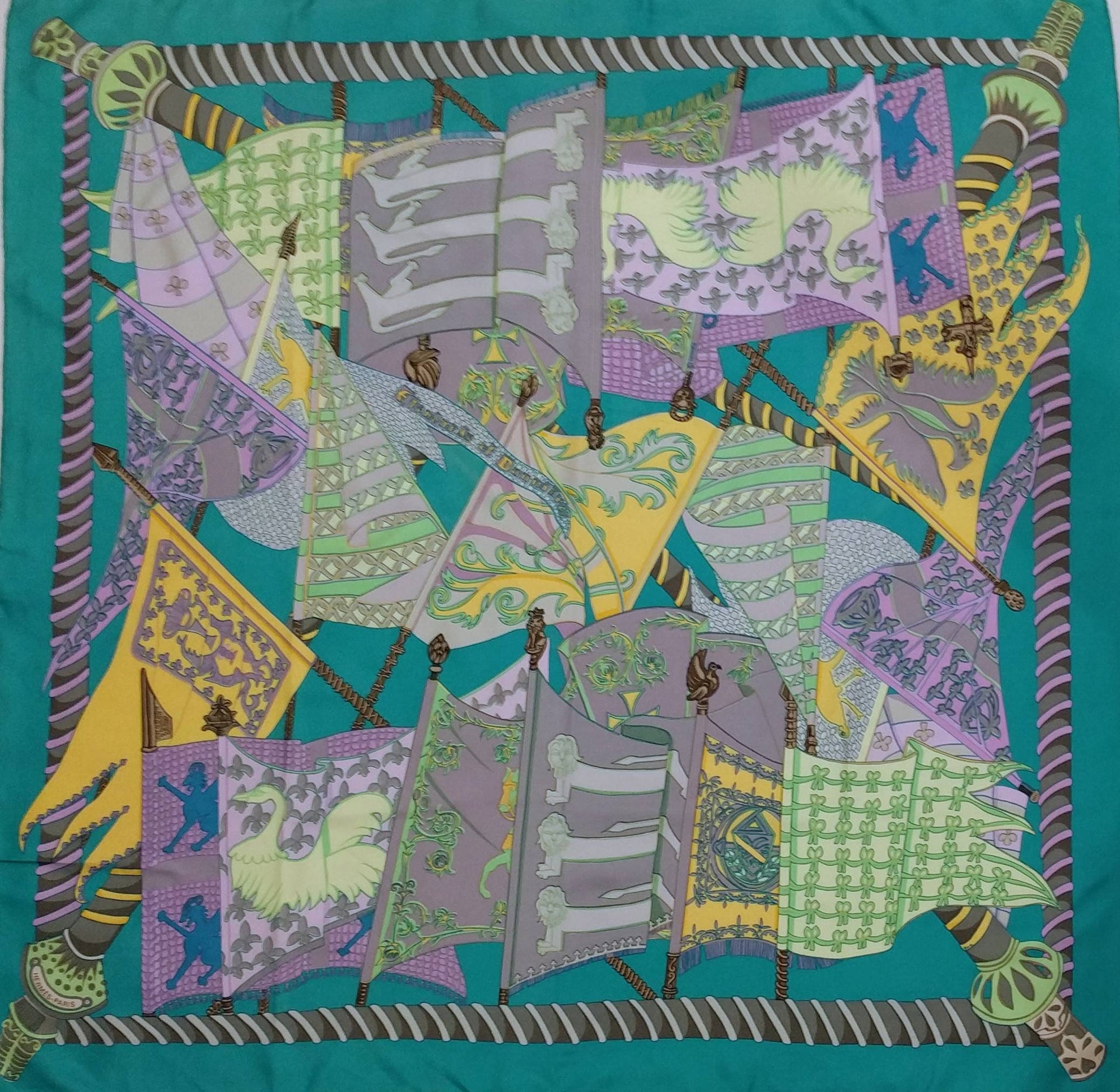 Hermès Étendards et Bannières scarf for sale, pre-loved Annie Faivre designer silk accessory