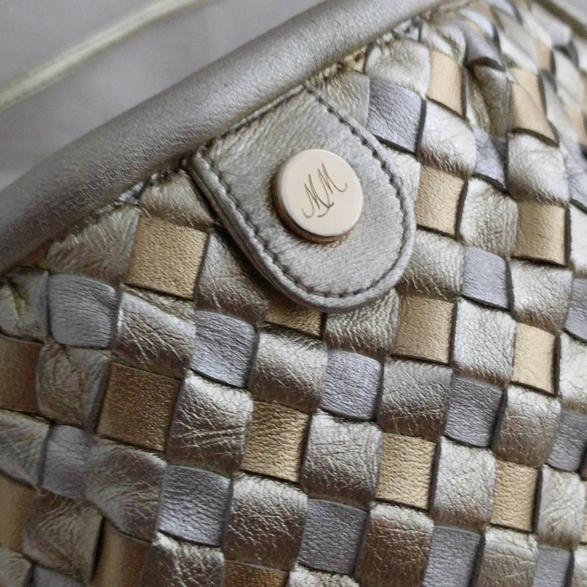 Vintage Morris Moskowitz metallic woven leather shoulder bag, 1980s silver & gold clutch
