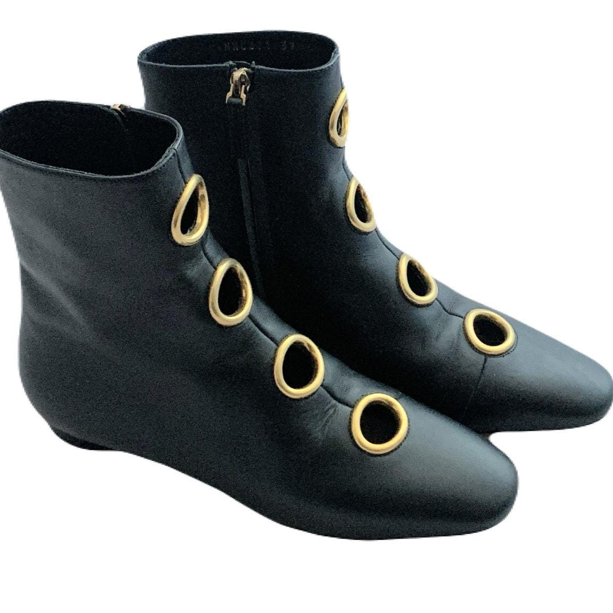 Valentino black leather ankle boots with gold-tone eyelets, size IT 39