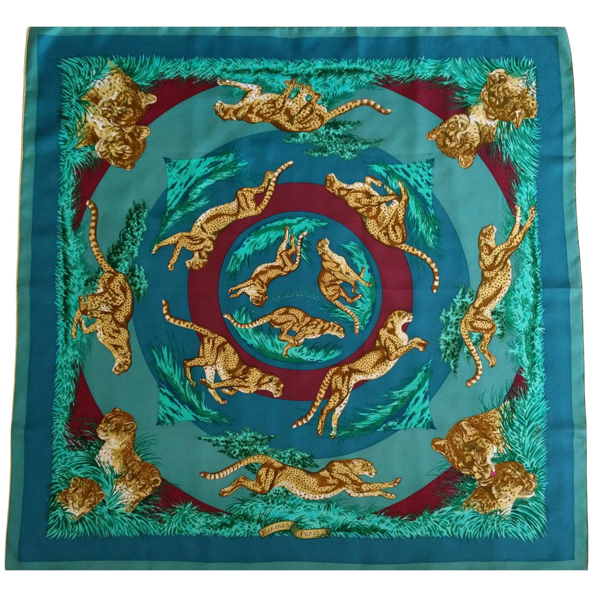Vintage Hermès silk scarf featuring cheetah design by Robert Dallet, 88cm square