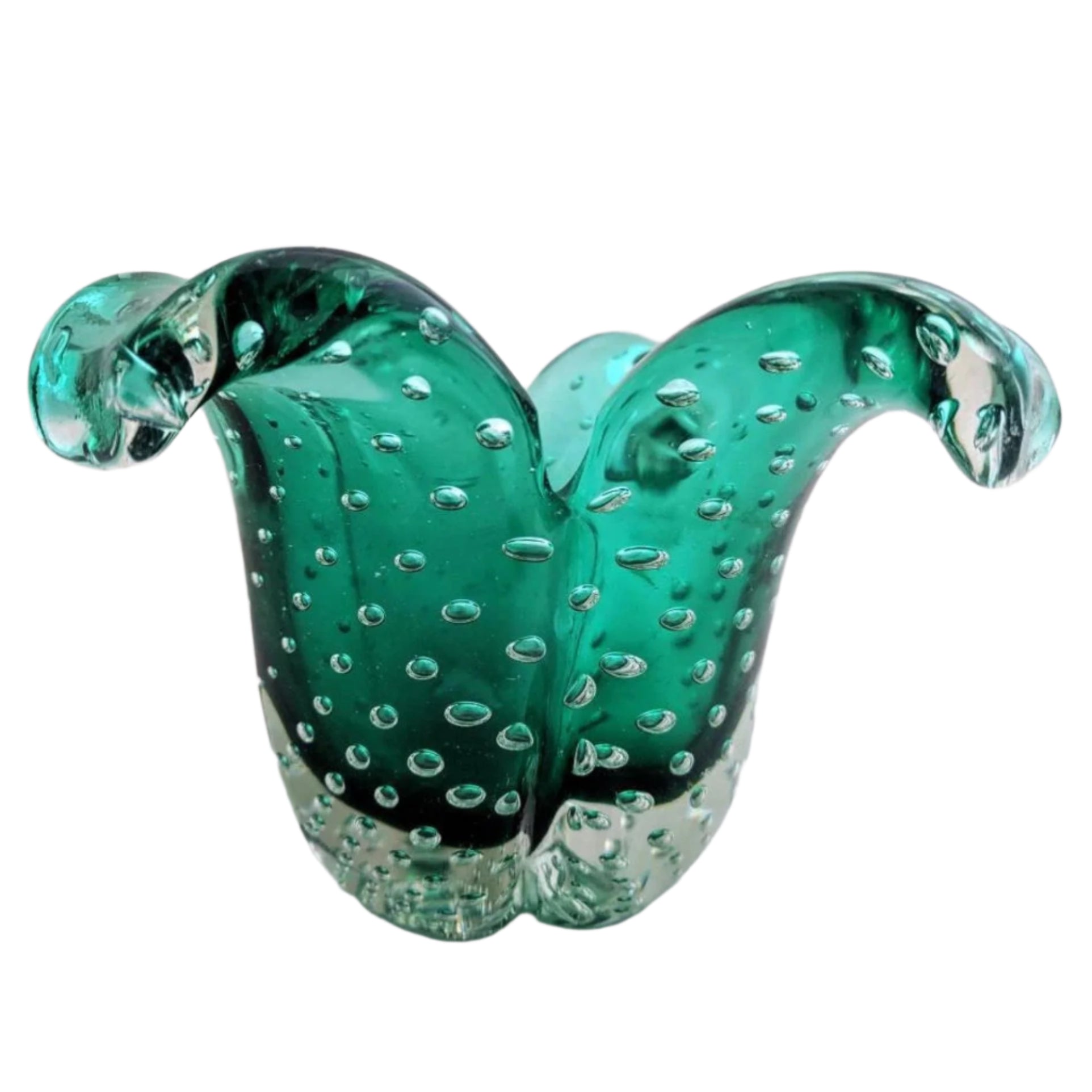 Emerald green Murano vase with controlled bubbles, vintage Italian art glass piece
