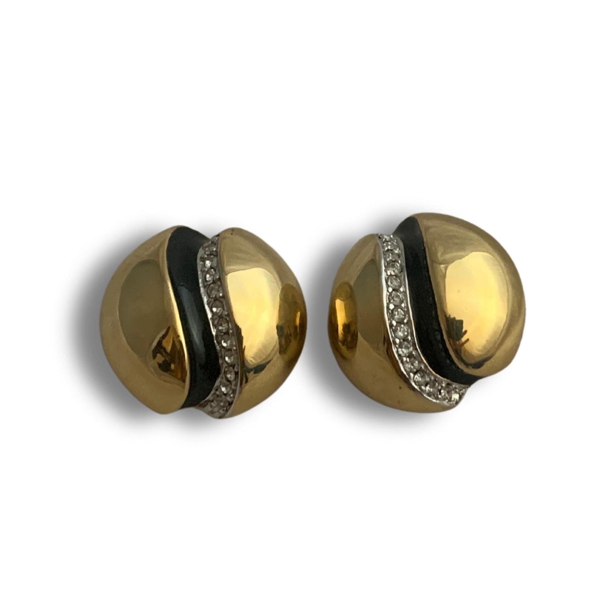 Andre Courreges signed modernist clip-on earrings, black enamel and rhinestones - French fashion designer earrings