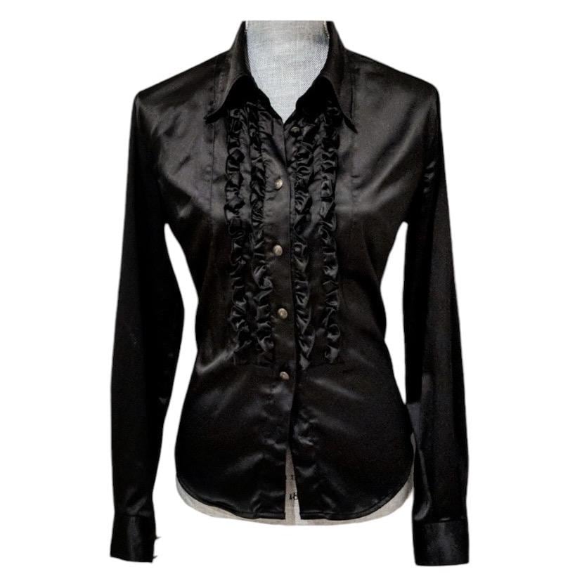 Moschino Jeans black satin shirt, ruffled front, branded buttons, IT 42 US 8
