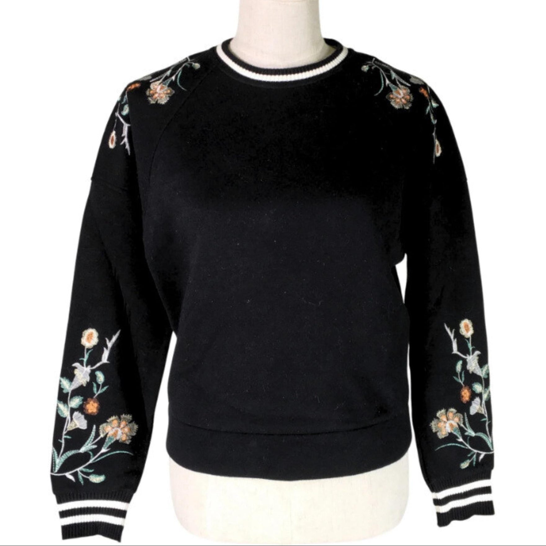 Maje black crew neck top with floral embroidery, size S, cotton/viscose blend, casual chic