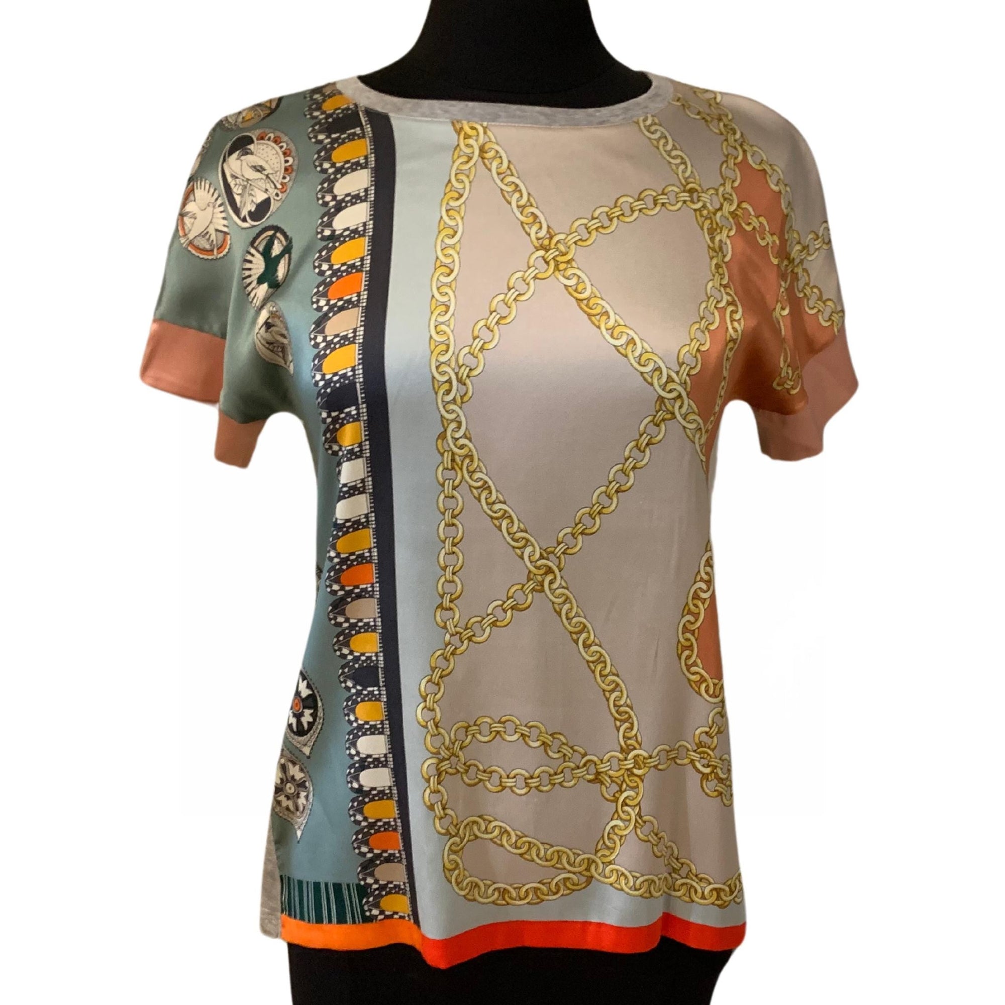 Marc Cain silk panel top with short sleeves, grey jersey back, premium German fashion