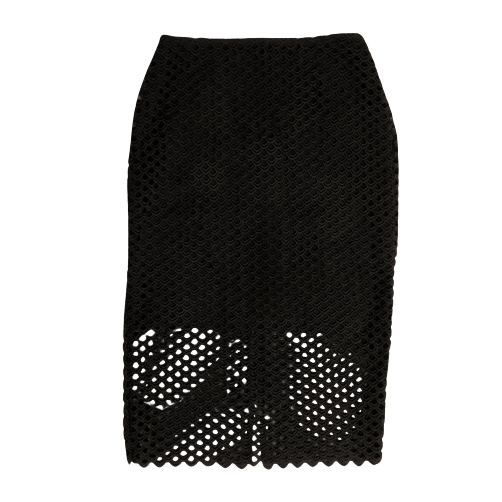 Luxury Scandinavian lace skirt, fitted silhouette, intricate openwork tape lace