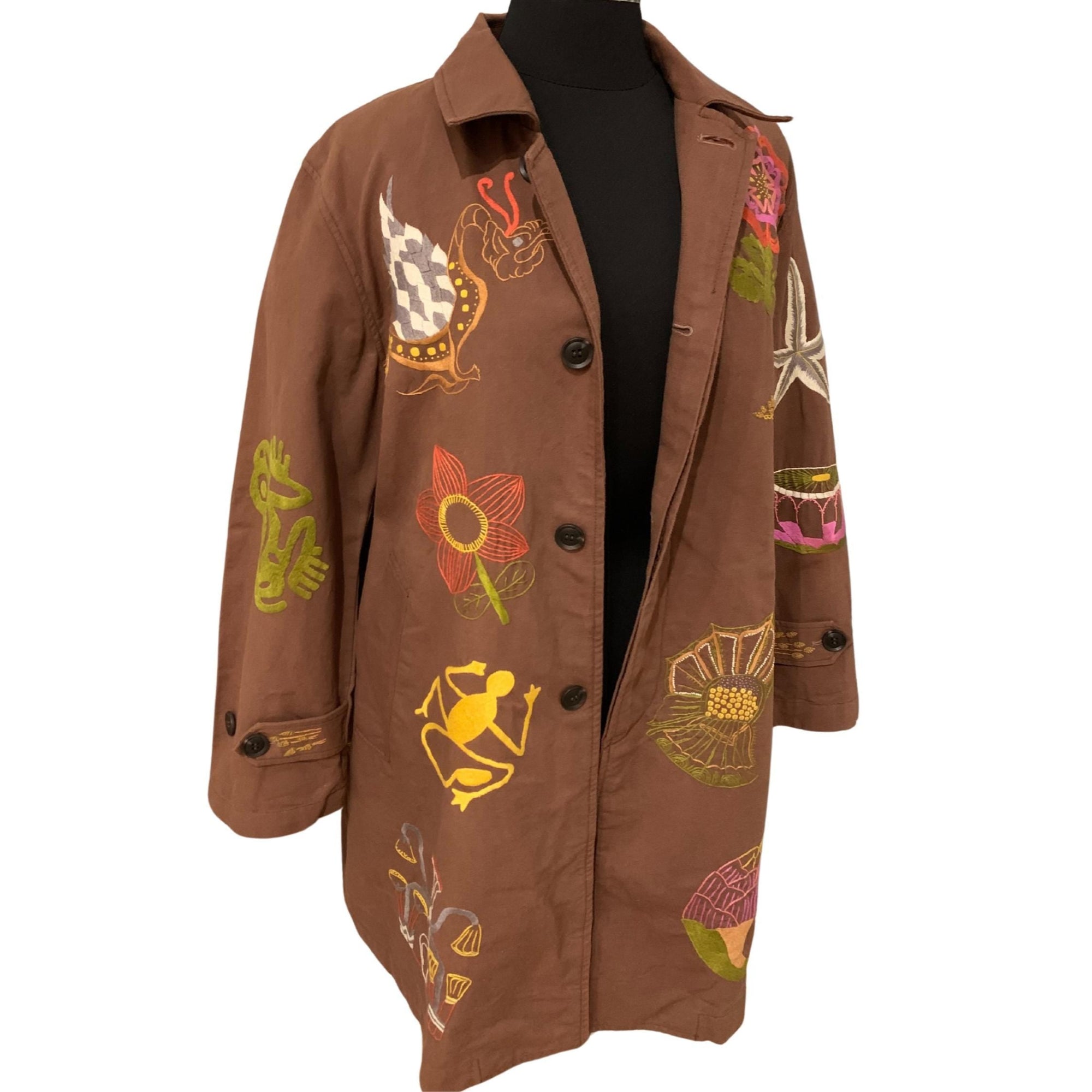 “Muriel Brandolini embroidered floral coat, 100% cotton, knee-length, hidden buttons