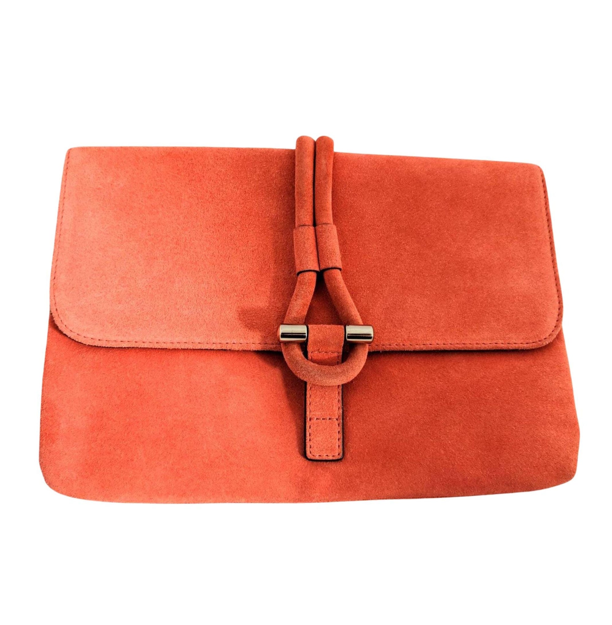 Tila March Romy Clutch in burnt orange suede with fold-over design
