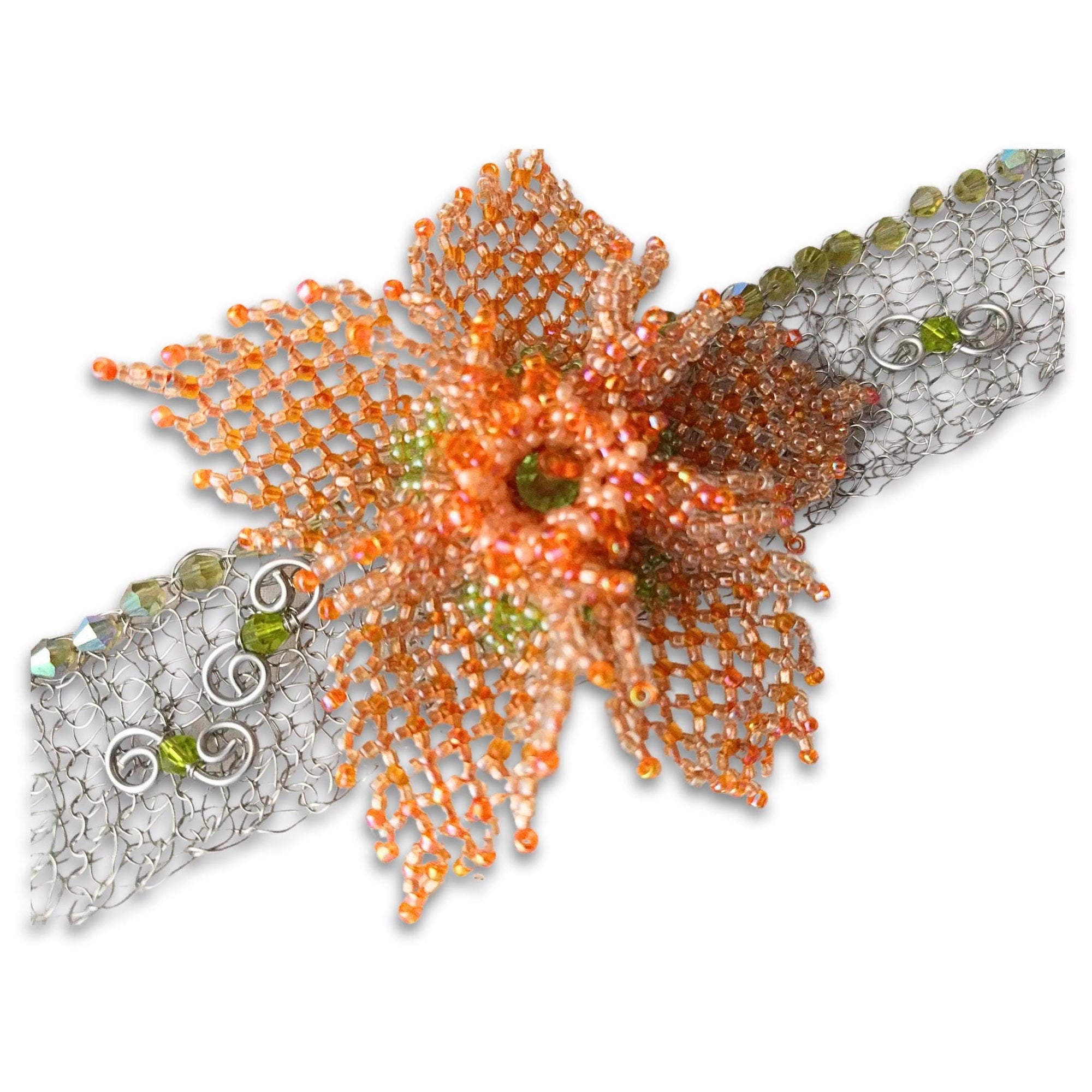 Rare vintage Eisenberg choker with green glass beads and silver wire crochet