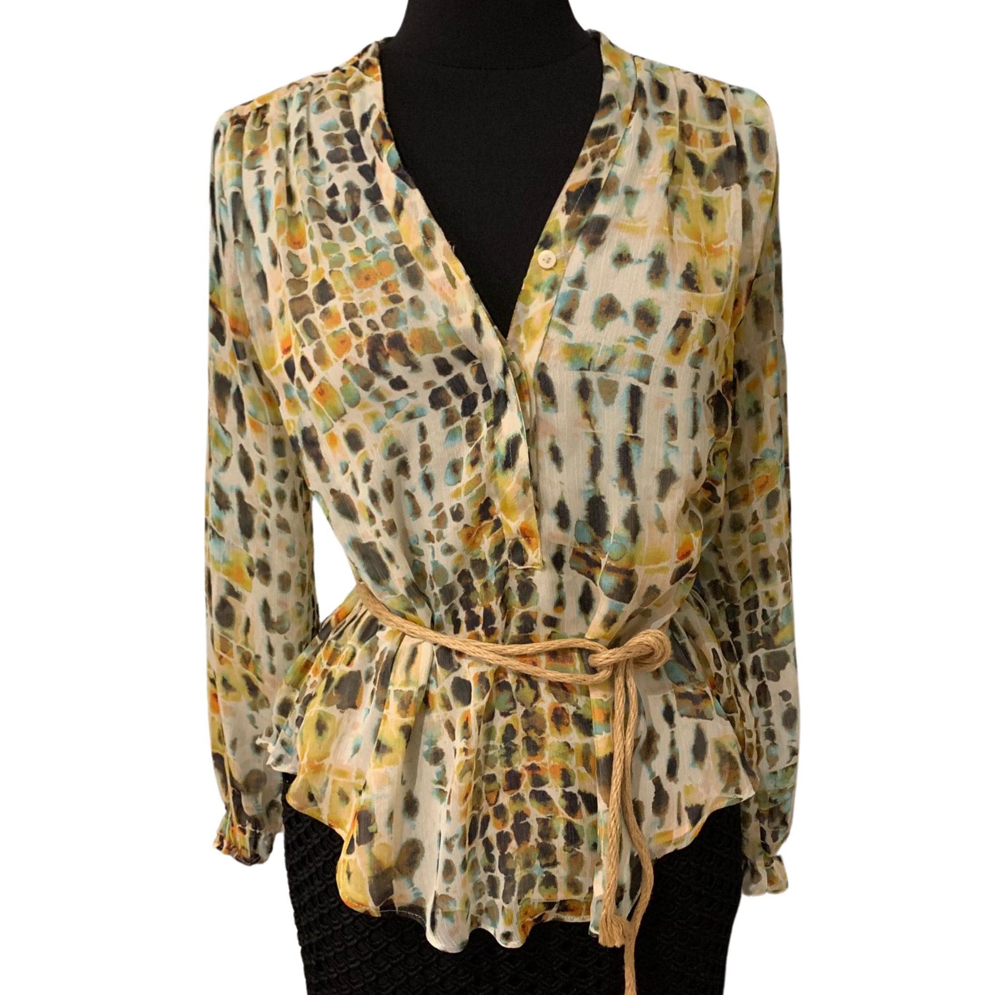 Simply Vera Vera Wang sheer tunic blouse, XS, split neck, rope belt, long sleeves