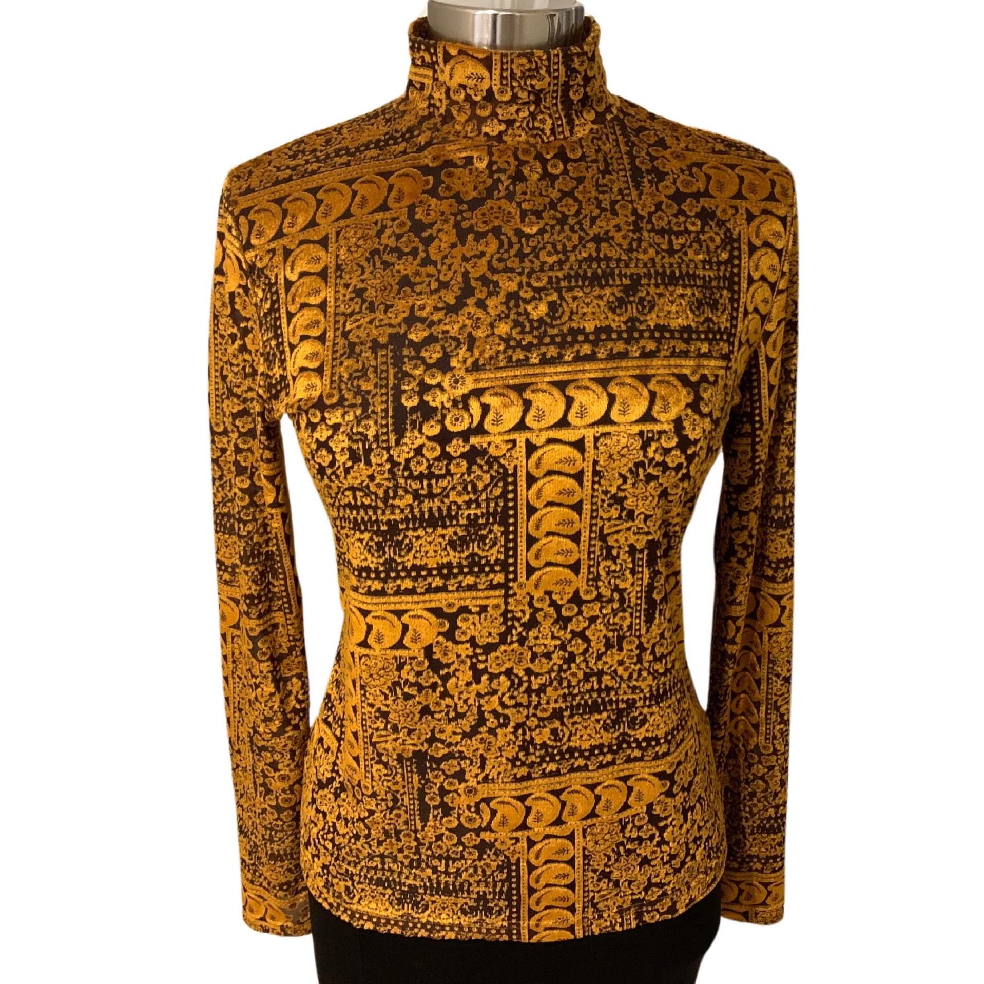 Vintage Rodier mock neck top, black & golden brown, mesh and velvet, size M