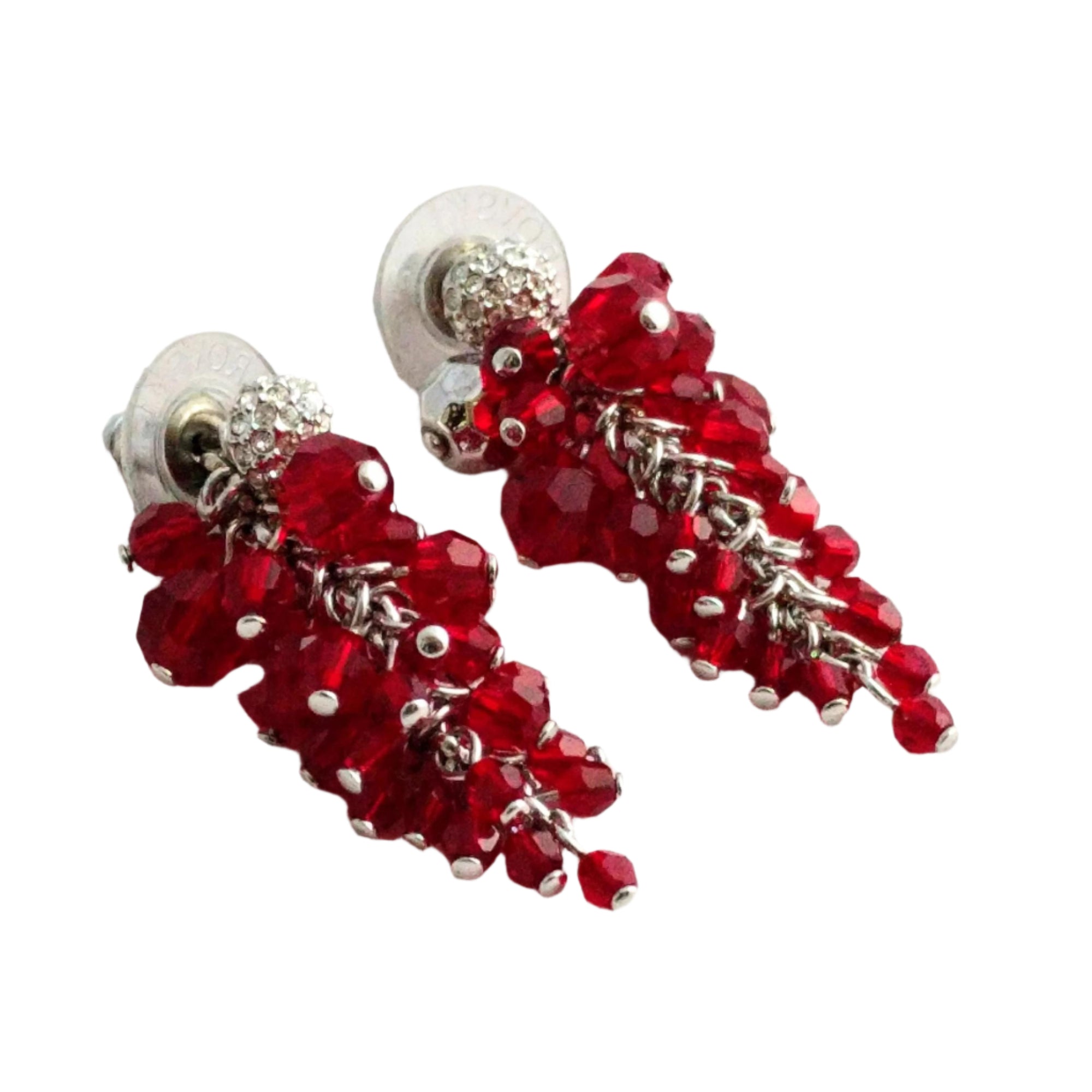 Swarovski Diamanta Pave Earrings with Red Crystal Cluster Jackets – Rhodium-Plated Dangle, 1.5" Long, Original Box