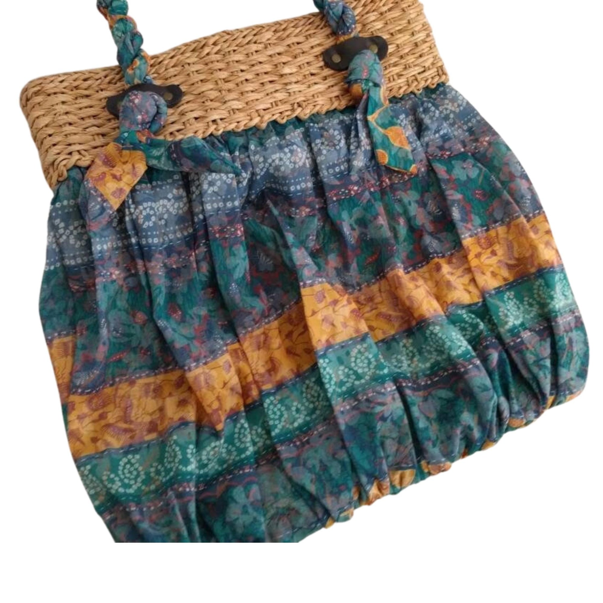 Vintage 90s Cappelli Straworld tote bag, fabric & straw, multicolor, boho beach bag