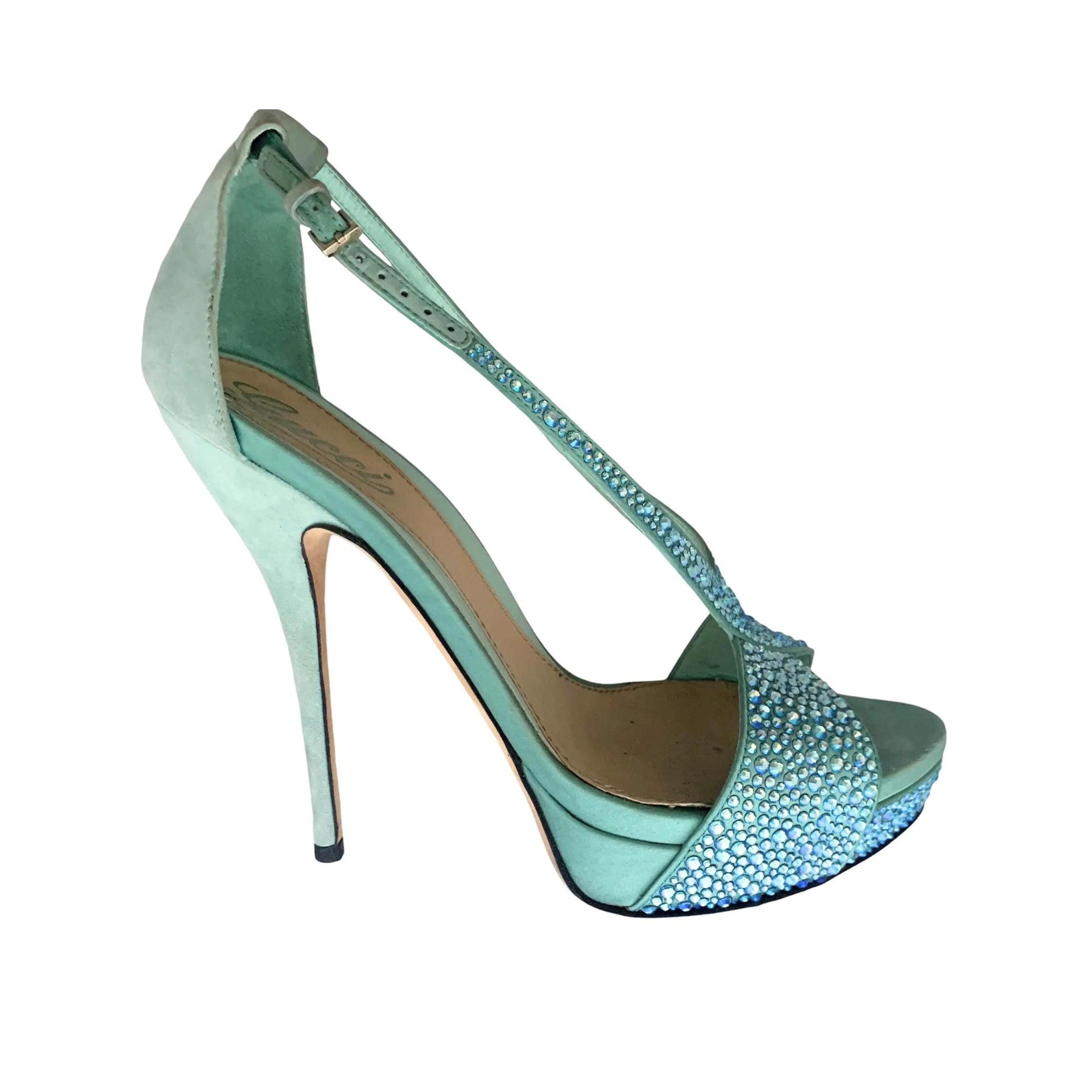 Gucci Crystal-Adorned Stiletto Sandals – Aquamarine Suede and Satin, Size 38, Made in Italy