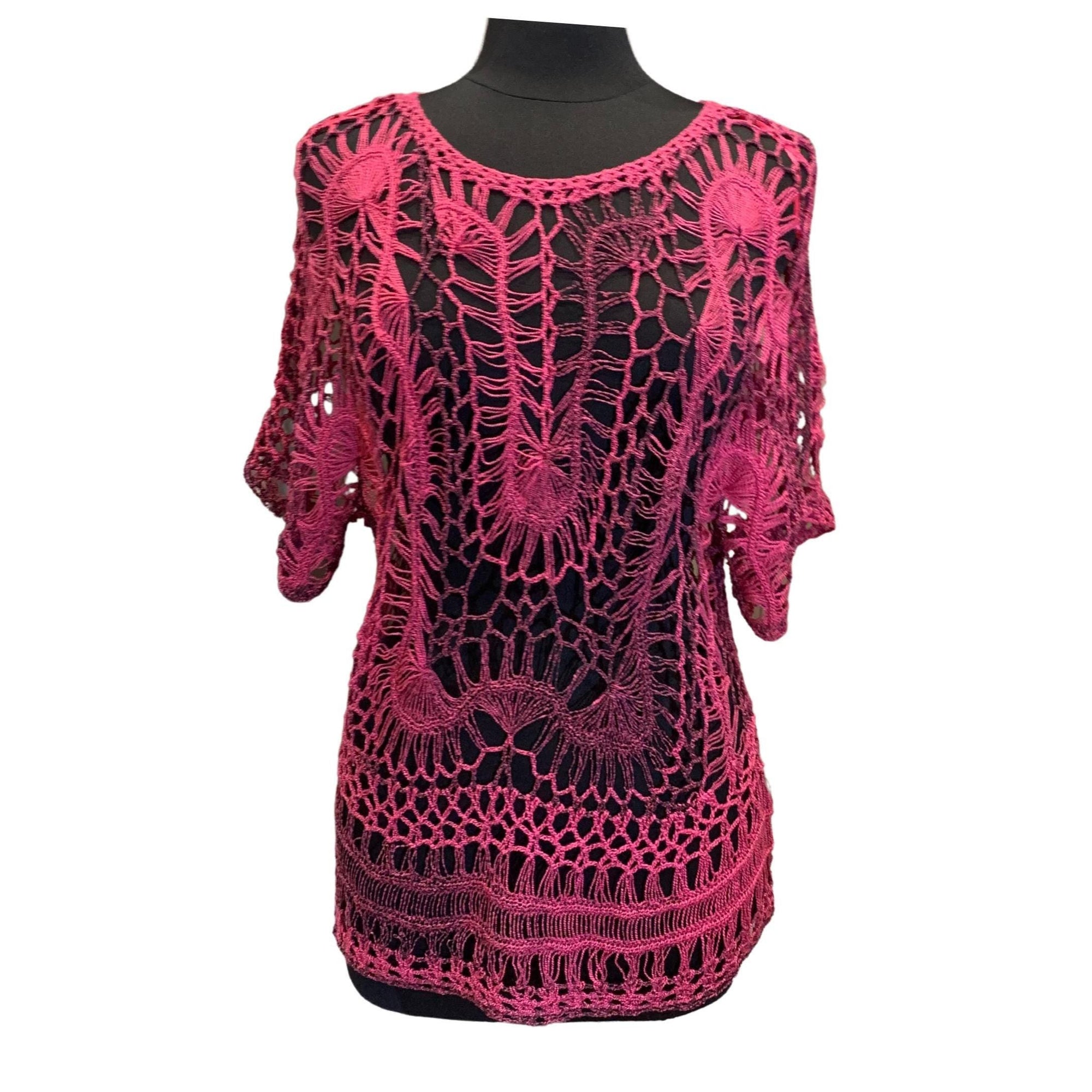 Crisca magenta and fuchsia knit top, size M, crochet neckline, pre-loved luxury