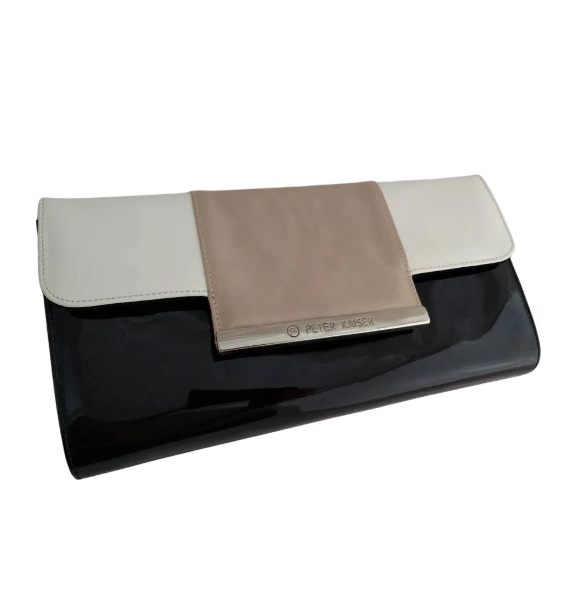 Peter Kaiser black patent leather and suede clutch with removable shoulder strap