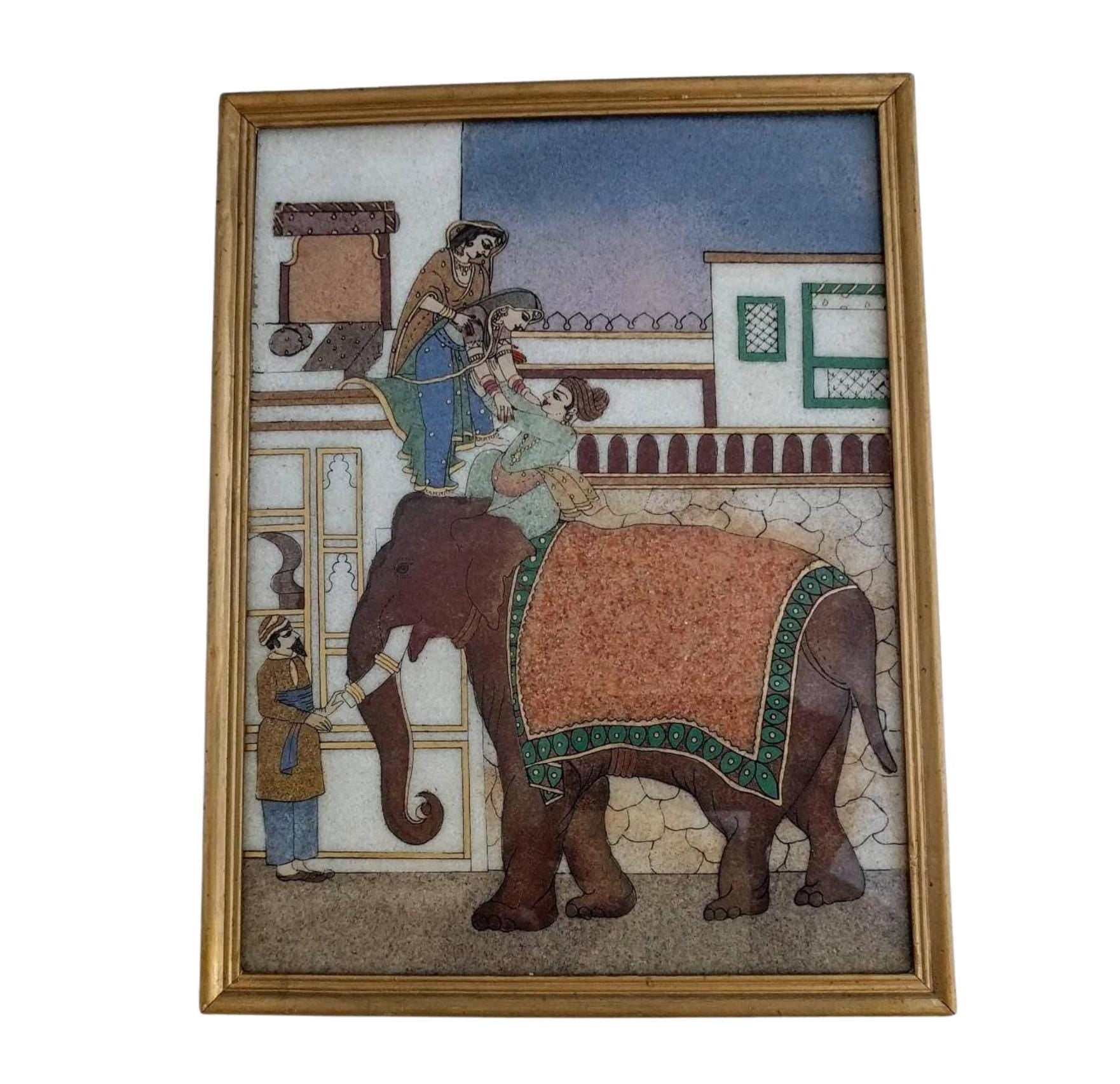 Handmade gemstone painting from Rajasthan, India, framed art, 9.5 x 12.5 inches - Semi-precious stone artwork - Indian gemstone painting