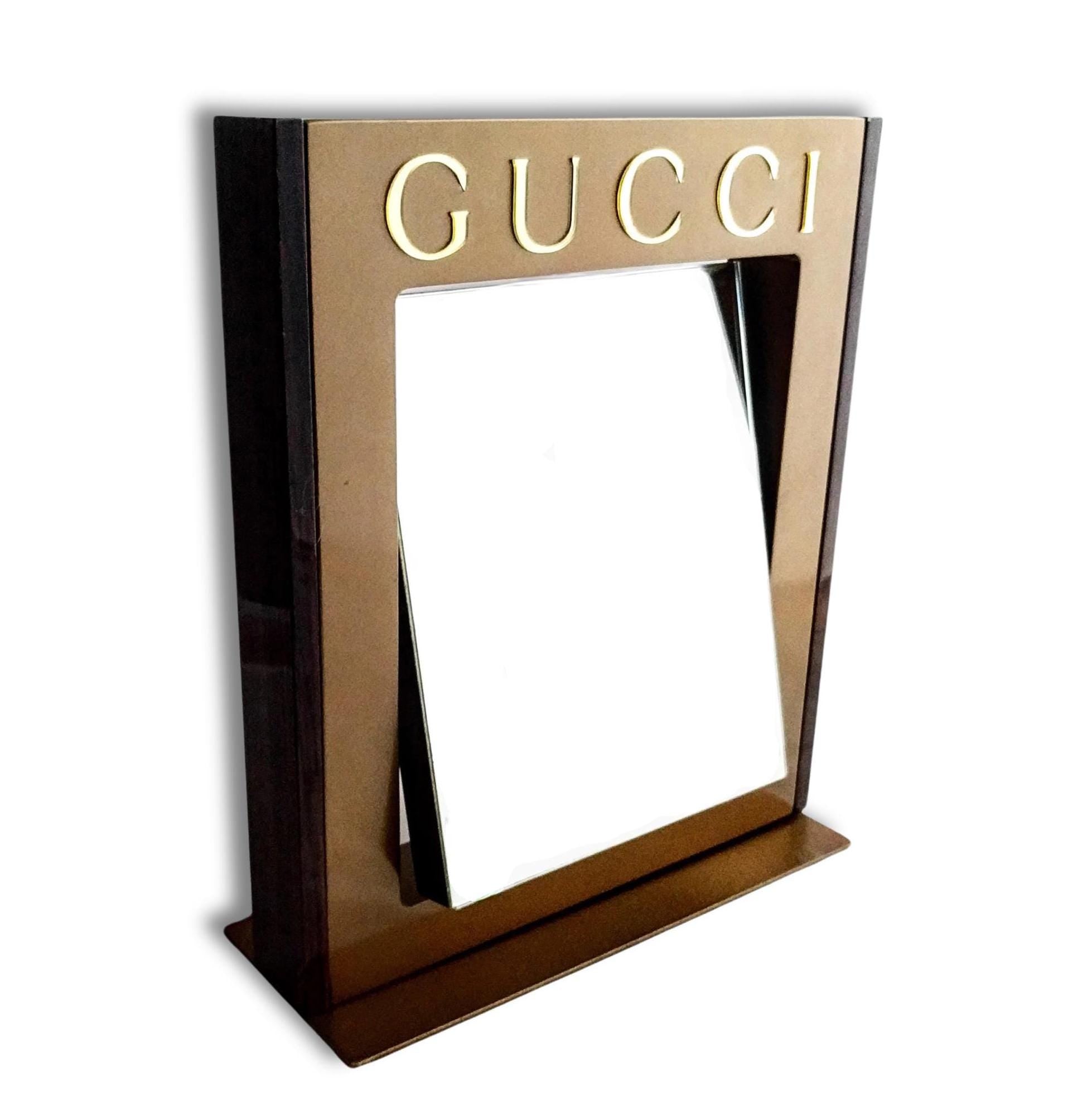 Rare Gucci Table Mirror – Authentic Vintage Pivoting Mirror, Brown Metal & Wood Finish, 12" x 10", Collectible Designer Piece