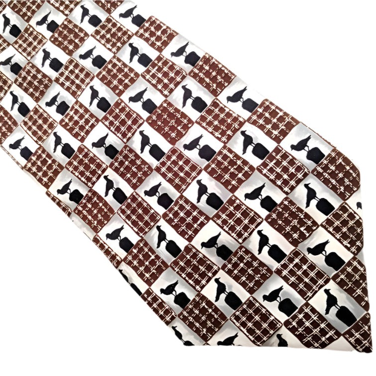 Vintage Dunhill Silk Necktie – Bird Pattern Tie, Brown & Black Checkered Design, 100% Silk, Made in Italy