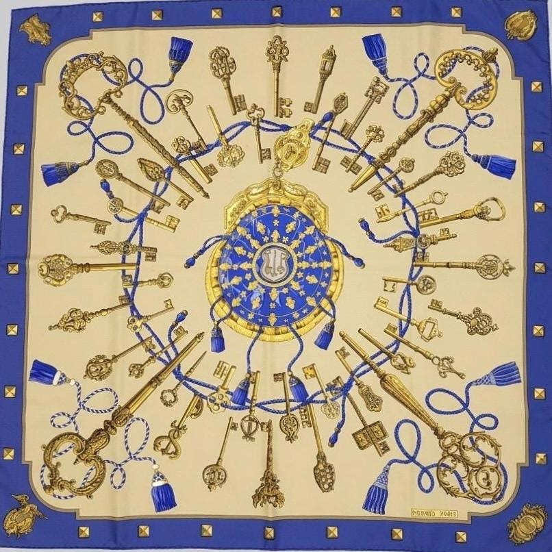 Hermes scarf LES CLES Caty Latham Hermes scarf silk square scarf collectible Hermes Rare Made in France vintage Hermes Keys scarf blue