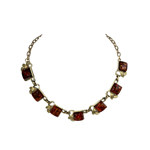 Vintage Coro Confetti Lucite necklace with gold flakes and burnt orange tone
