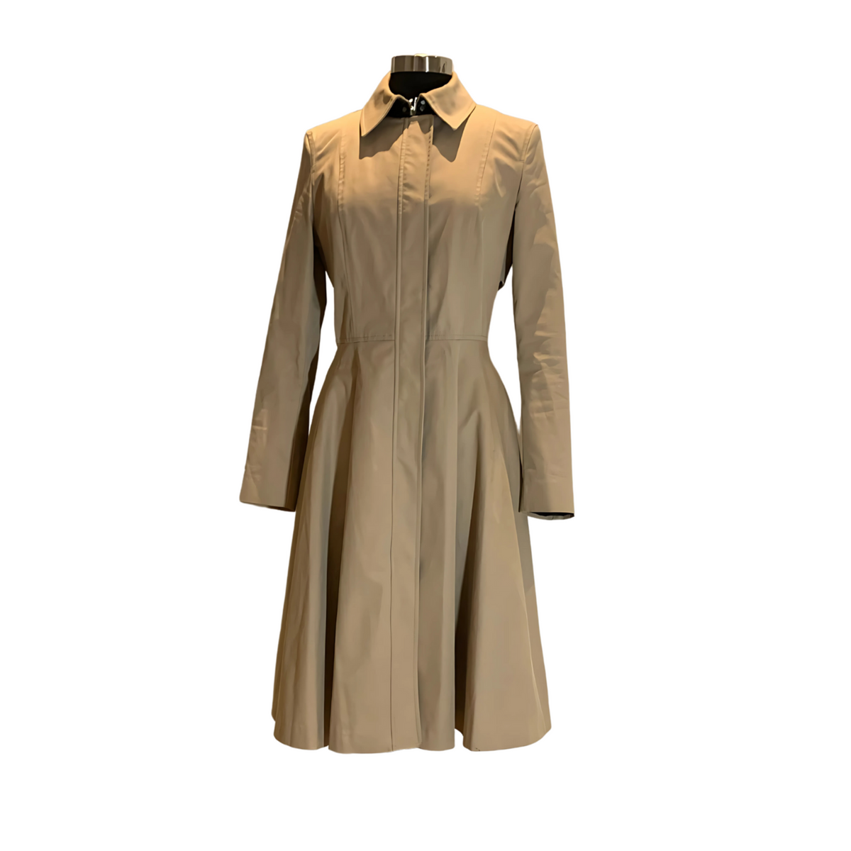 Mackage beige trench coat with black collar – size small on mannequin
