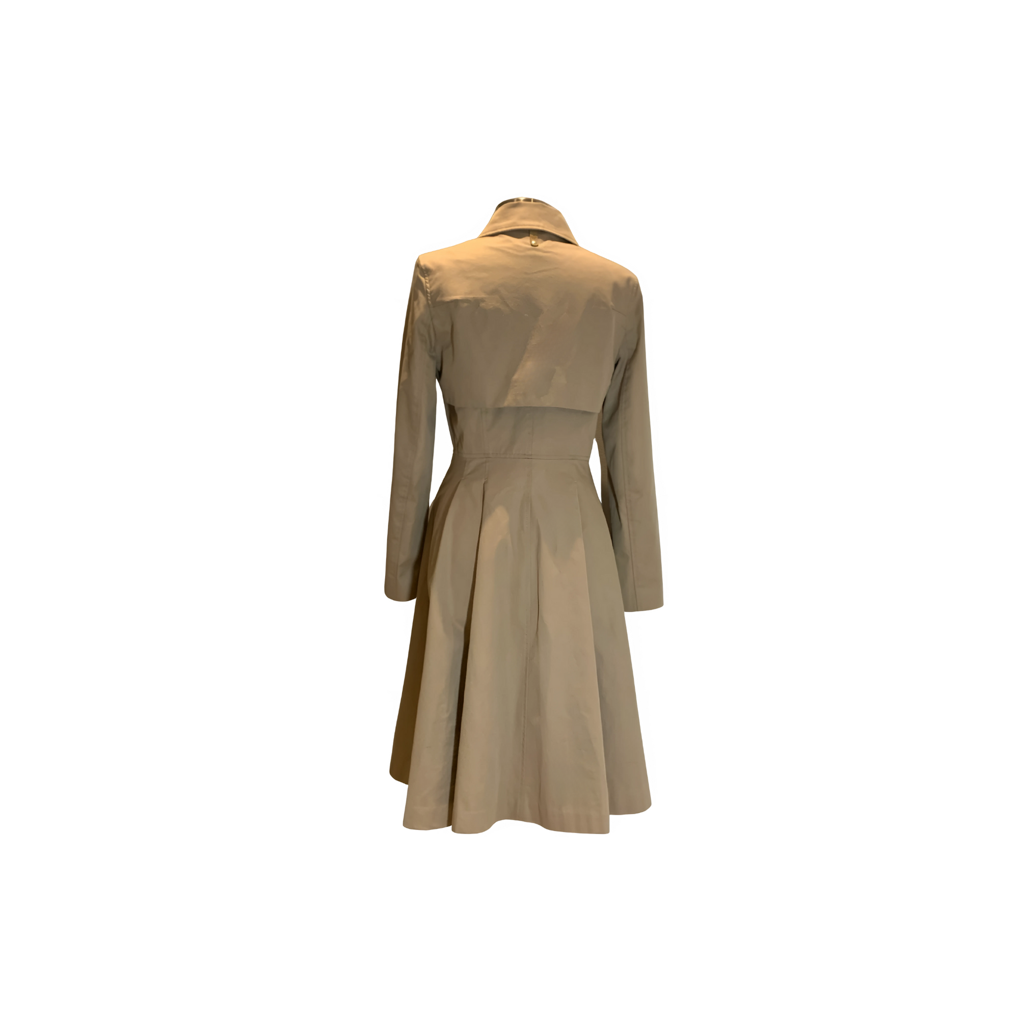 Back view of Mackage beige trench coat with flared skirt