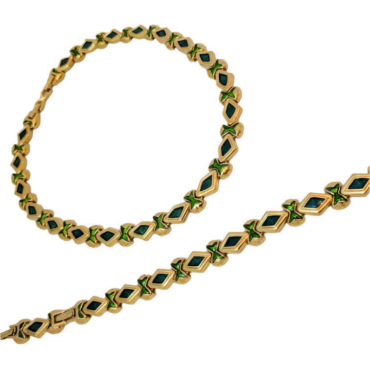 Fabulous Vintage D’ORLANE Gold-Plated Choker and Bracelet Set – Emerald & Granny Smith Enamel