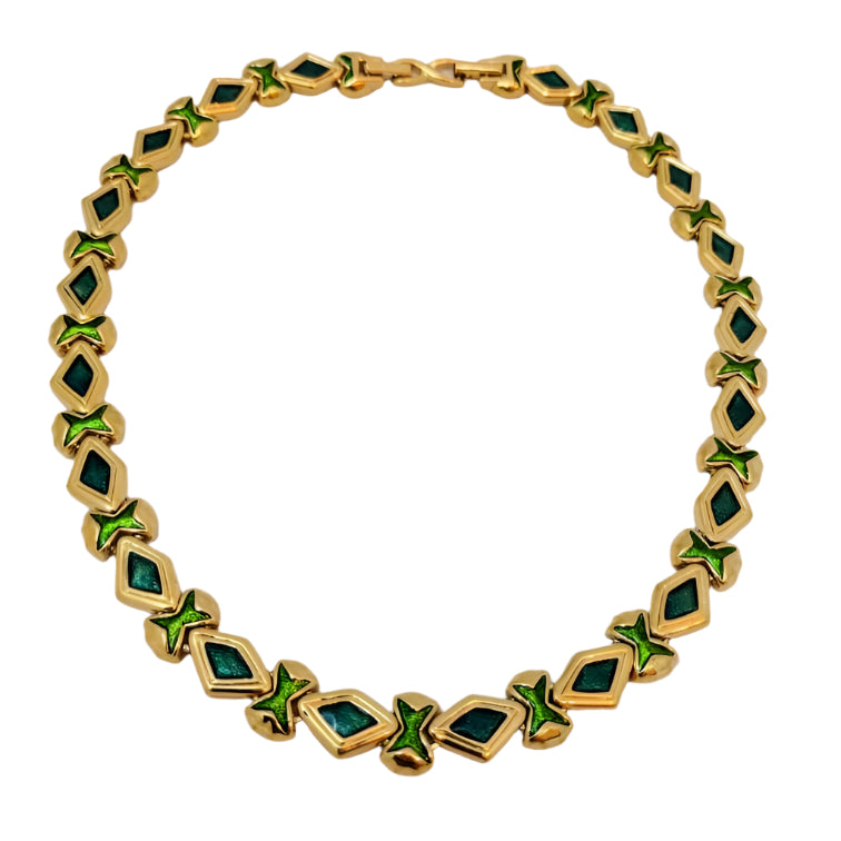 Fabulous Vintage D’ORLANE Gold-Plated Choker and Bracelet Set – Emerald & Granny Smith Enamel