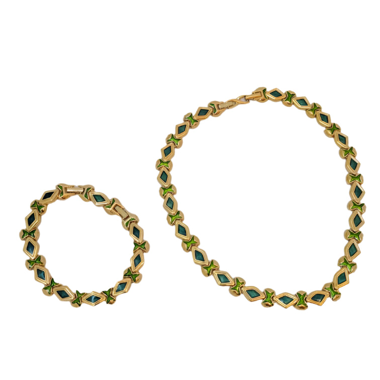 Fabulous Vintage D’ORLANE Gold-Plated Choker and Bracelet Set – Emerald & Granny Smith Enamel