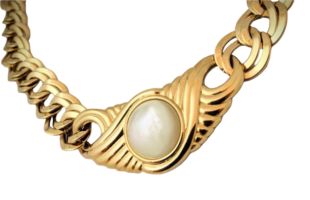 Vintage Monet gold choker necklace, 1970s double-link with cream centerpiece, 44cm