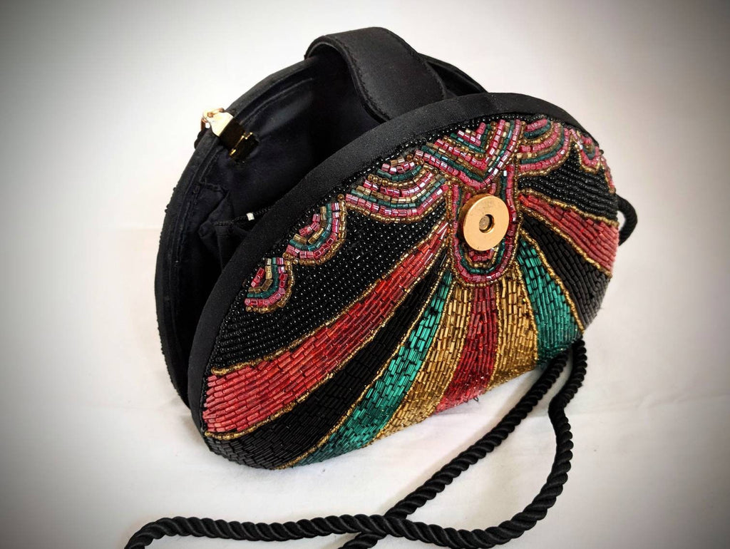 Multicolored glass beaded handbag, black, gold, teal, burgundy - Rare designer evening purse, Bob Mackie beaded clutch with satin interior