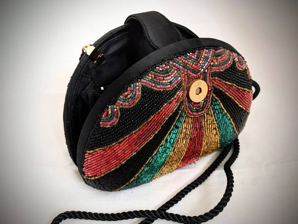 Bob Mackie Rainbow Beaded Clutch – Multicolored Glass Beads, Convertible Evening Purse with Removable Strap, 7.5” x 6”
