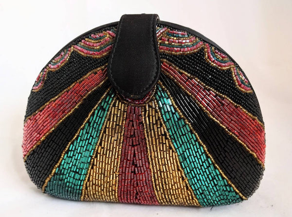 Bob Mackie Rainbow Beaded Clutch – Multicolored Glass Beads, Convertible Evening Purse with Removable Strap, 7.5” x 6”
