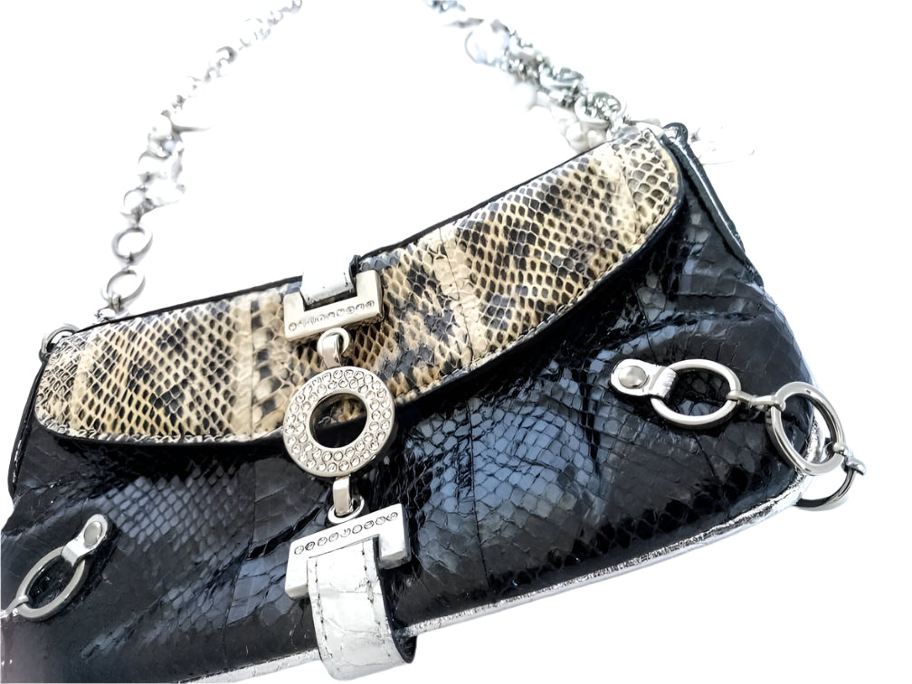 Rare Tosca Blu snakeskin leather shoulder bag, jeweled chain strap, Italian vintage luxury
