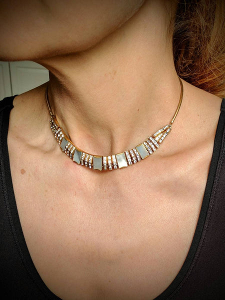 Egyptian Revival Necklace – Mother of Pearl & Brass, Esha Randel for Doso, Statement Pendant Necklace