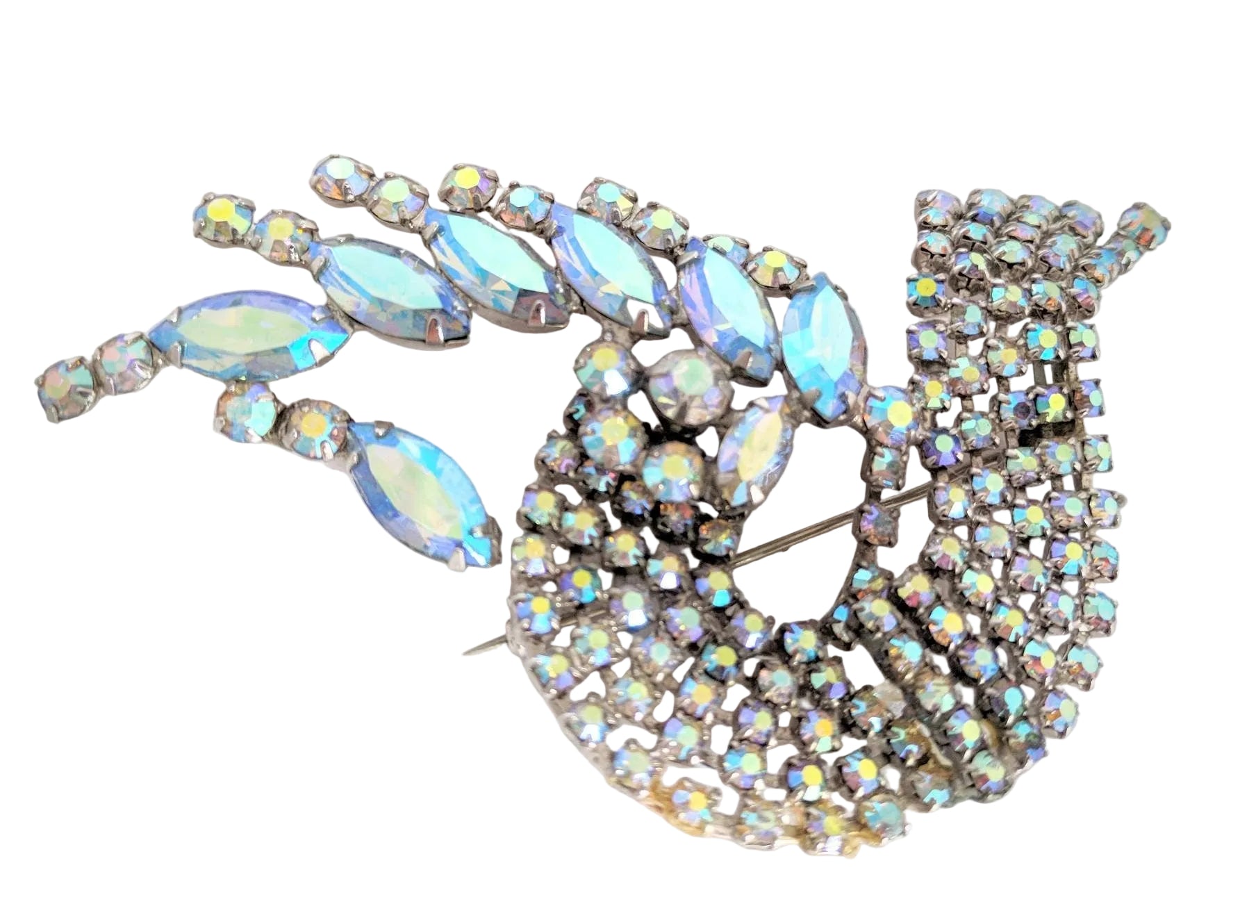 Pierre oversized rhinestone brooch, marquise cut with iridescent crystal design - Marquise cut oversized brooch - Clear rhinestone statement pin