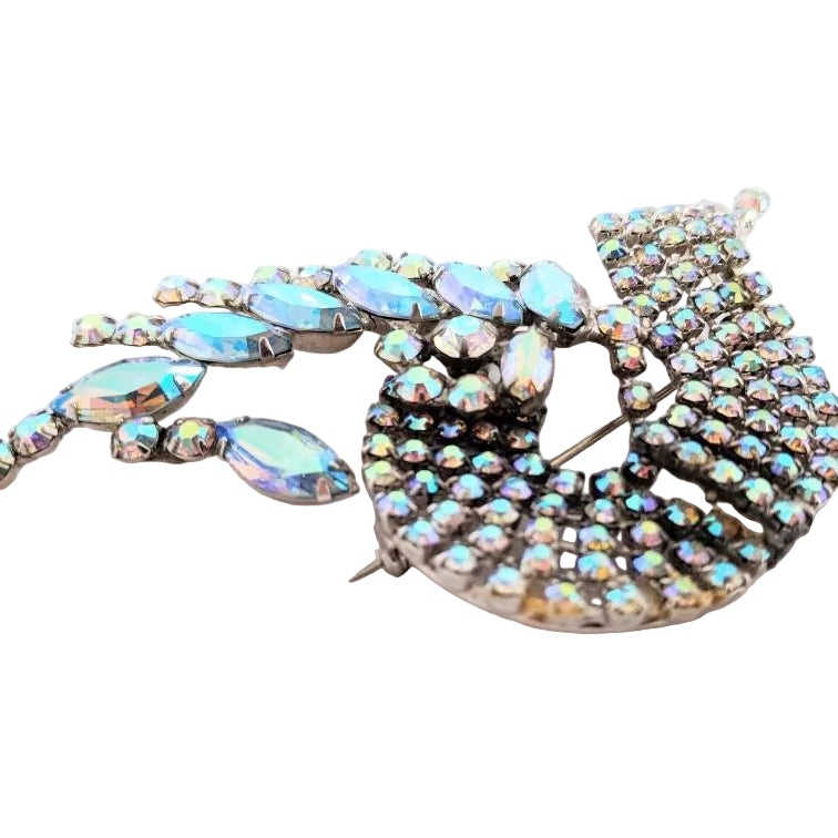 Silver-tone Bird of Paradise brooch, signed Pierre, 4-inch, radiant blue and pink - Aurora Borealis statement brooc