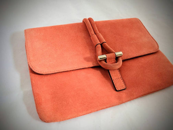 Tila March Romy clutch in burnt orange suede, fold-over designer evening bag - High-end suede clutch by Tila March, Romy model, great condition, 10.5&quot; x 7.5&quot;