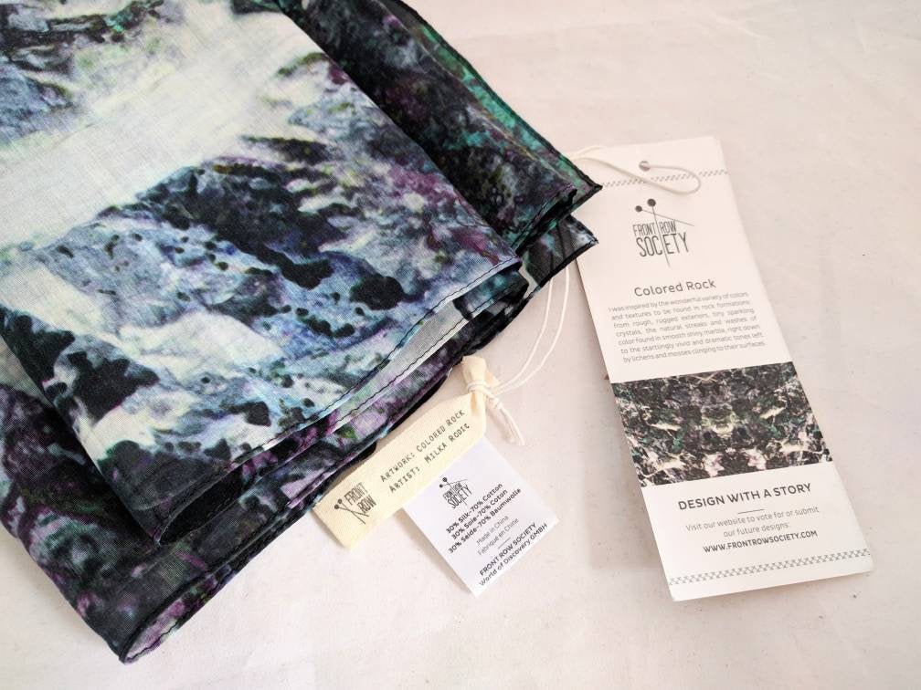RARE Front Row Society Scarf – The Colored Rock by Milka Rodic, Tie-Dye Oblong Scarf, Silk & Cotton, 22" x 74", New with Tags