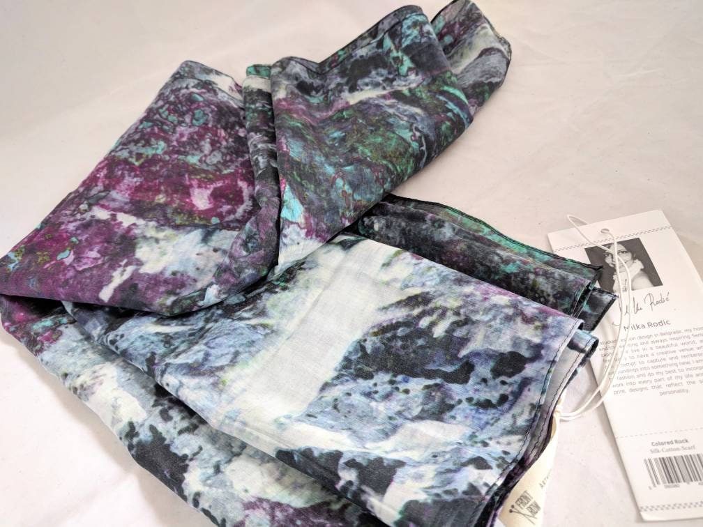 RARE Front Row Society Scarf – The Colored Rock by Milka Rodic, Tie-Dye Oblong Scarf, Silk & Cotton, 22" x 74", New with Tags