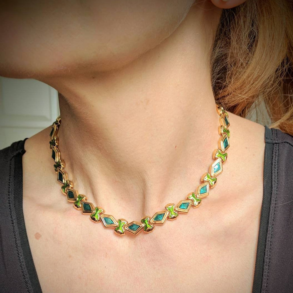Fabulous Vintage D’ORLANE Gold-Plated Choker and Bracelet Set – Emerald & Granny Smith Enamel