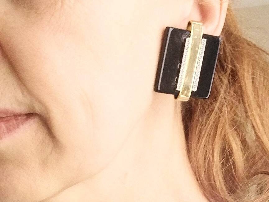Vintage clip-on earrings, black Bakelite, gold-tone with rhinestones, Art Deco oversized earrings