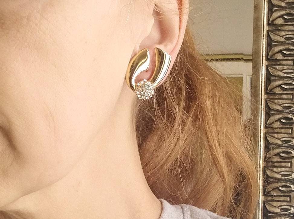 Vintage P&M Paris gold-plated clip-on earrings, crystal encrusted, designer stamped