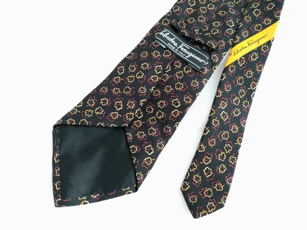 Salvatore Ferragamo Men’s Silk Tie – Black with Leaf Print, 100% Silk, Made in Italy, Luxury Designer Tie