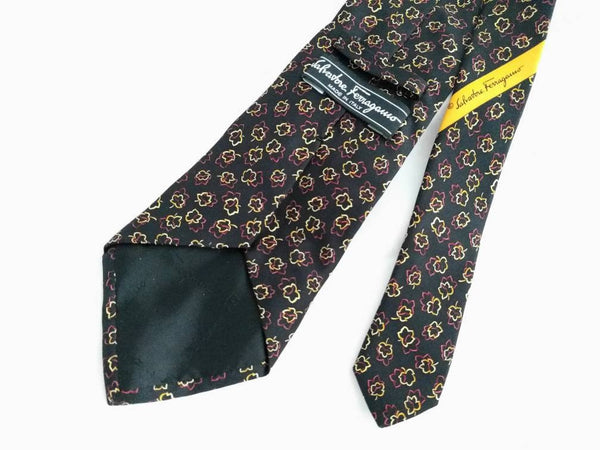 Salvatore Ferragamo Men’s Silk Tie – Black with Leaf Print, 100% Silk, Made in Italy, Luxury Designer Tie
