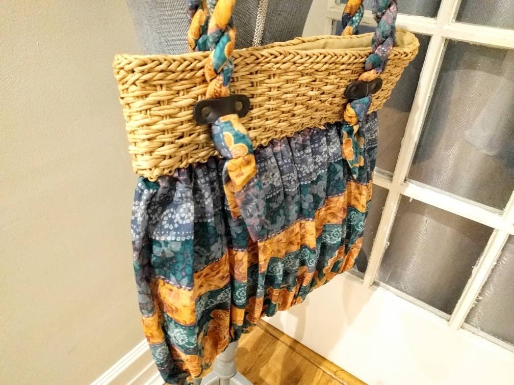Vintage 90s Cappelli Straworld tote bag, fabric and straw, braided shoulder straps