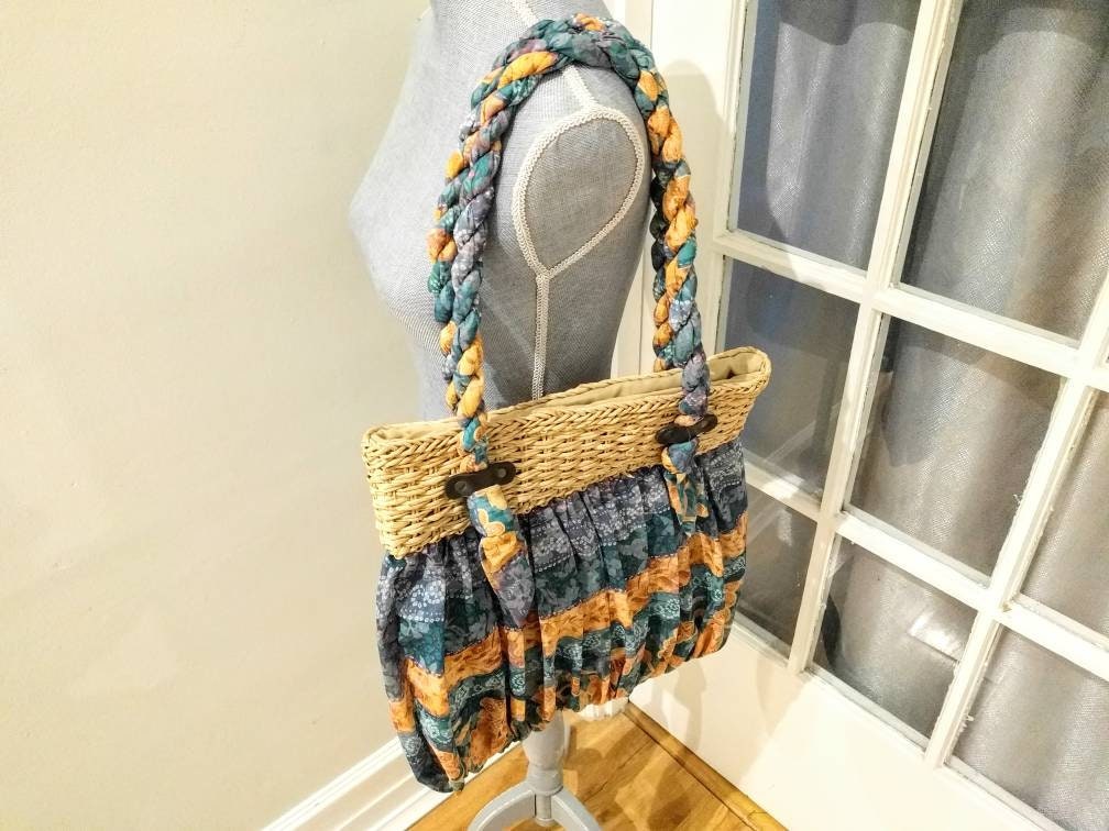 Boho beach tote bag with fabric ruffle, fully lined, zippered pocket, never used