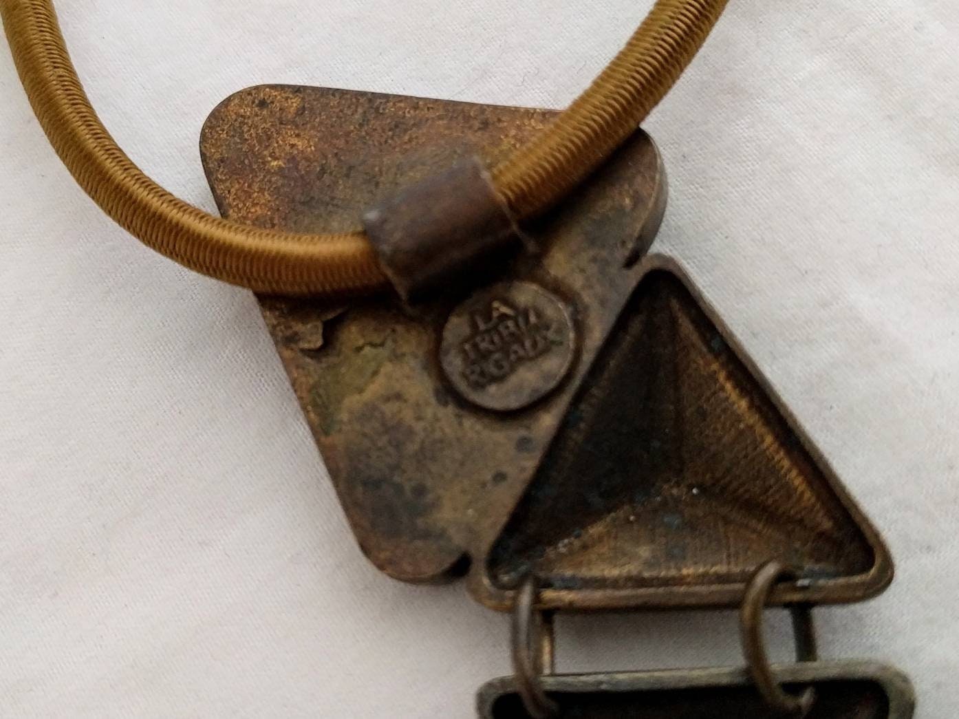 French modernist necklace, woven elastic band, stone and metal triangle pendant